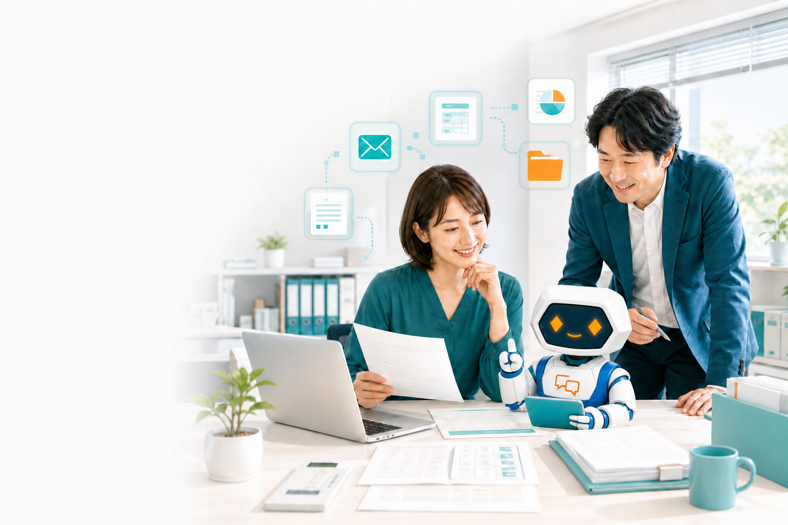 中小企業の社員とデジ社員が一緒に業務を進めるイメージ